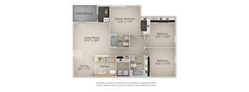 A floor plan of a home with a living room, dining room, kitchen, and three bedrooms.