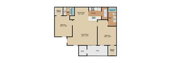 the living room of a floor plan with furniture and a kitchen