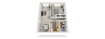 a stylized floor plan with a bedroom and living room