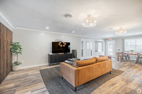 A living room with a brown sofa and a television.