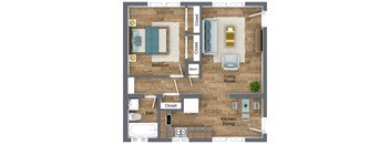 A floor plan of a house with a bedroom, bathroom, kitchen/dining area, living room, and two closets.