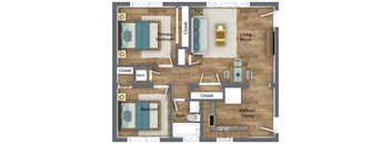 A floor plan of a house with two bedrooms, a living room, a kitchen/dining area, and two closets.