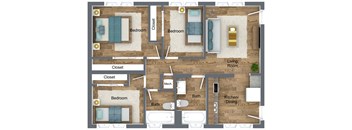 A floor plan of a house with two bedrooms, a living room, a kitchen/dining area, and a mechanical room.
