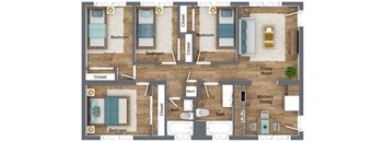 A floor plan of a house with three bedrooms, a living room, a kitchen/dining area, two bathrooms, and two closets.