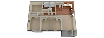 A 3D floor plan of a house with a kitchen, living room, and two bedrooms.