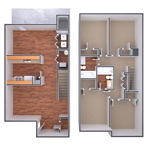A floor plan of a house with a kitchen, living room, and bathroom.