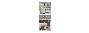 a 3d rendering of a bedroom and a floor plan