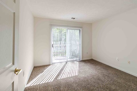 A room with a carpeted floor and a sliding glass door leading outside.