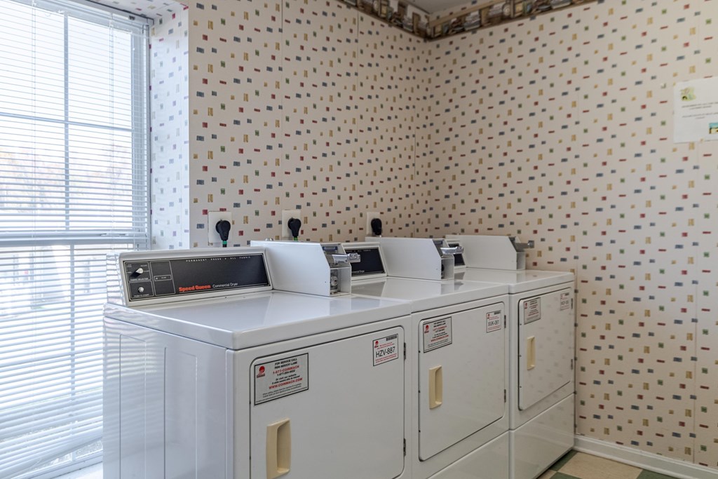 A wall with a dotted pattern and a washing machine at English Oaks Apartments, Fredericksburg, VA