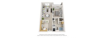 a stylized floor plan of a 1 bedroom apartment