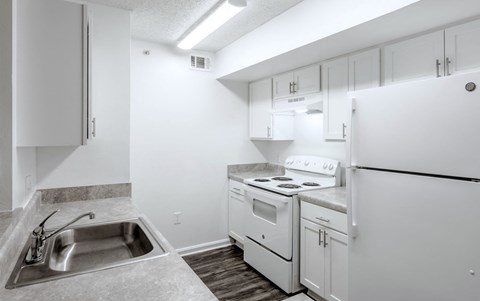 a kitchen with white appliances and white cabinets