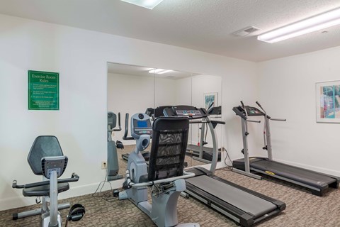 A gym room with a variety of equipment including a treadmill, a stationary bike, a rowing machine, and a weight bench.