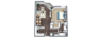 A top-down view of a living room, kitchen, and bedroom in a house.
