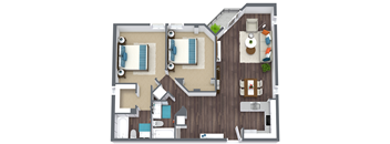 A top-down view of a house layout with two bedrooms, a living room, a kitchen, and a bathroom.