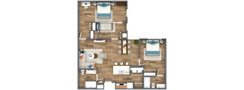 A floor plan of a house with three bedrooms, a living room, a kitchen, a bath, and a dining area.