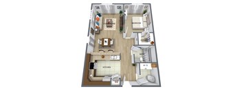 a 3d rendering of a floor plan with a bedroom and living room