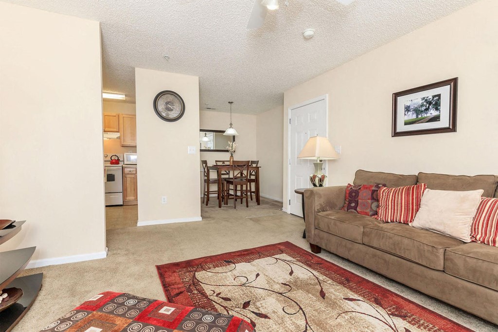 a living room with a couch and a rug