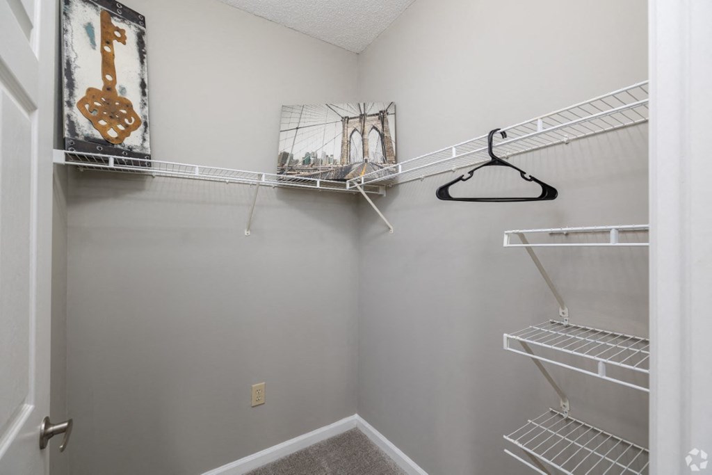 a closet with shelves and a guitar on the wall at Magnolia Lake Apartments, Carrollton
