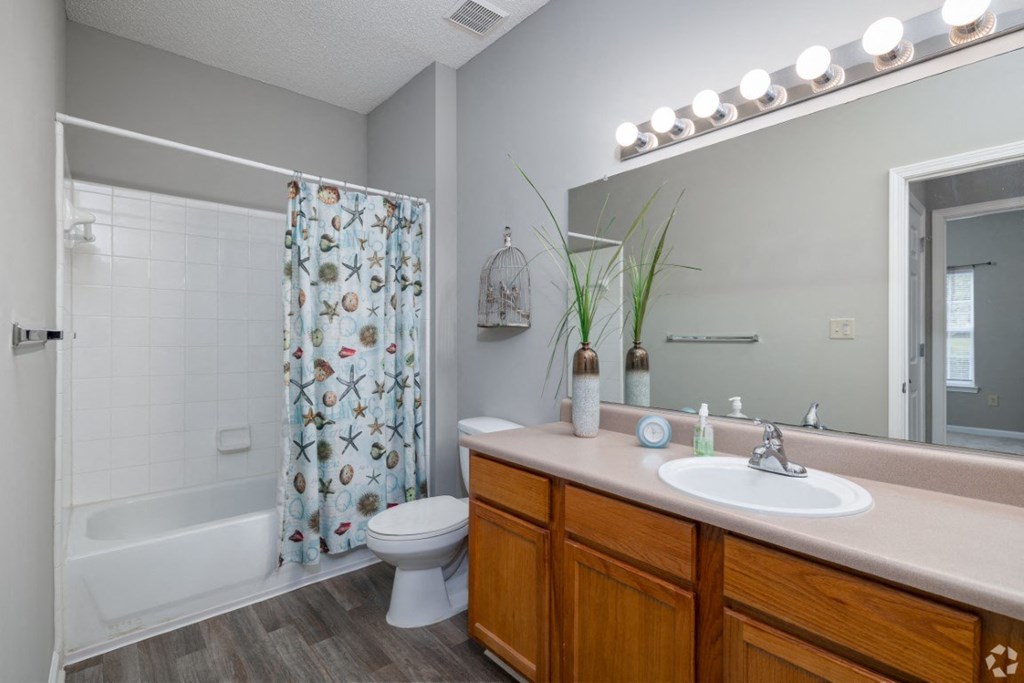 a bathroom with a shower toilet and sink and a mirror at Magnolia Lake Apartments, Carrollton, GA