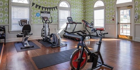 A gym with exercise equipment and a patterned wallpaper.