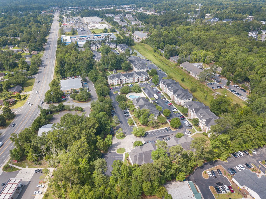 a view from the sky of a neighborhood with houses and trees at Palms on Ashley River Apartments, Ladson, 29456