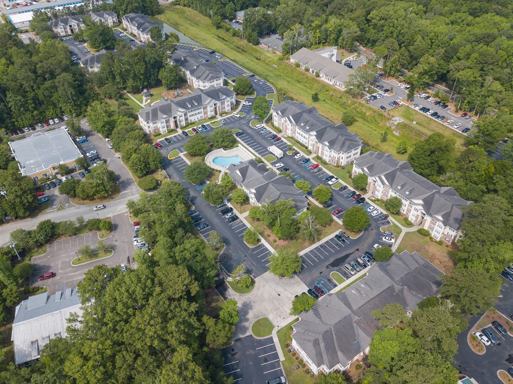 arial view of a neighborhood with houses and a swimming pool at Palms on Ashley River Apartments, Ladson, SC
