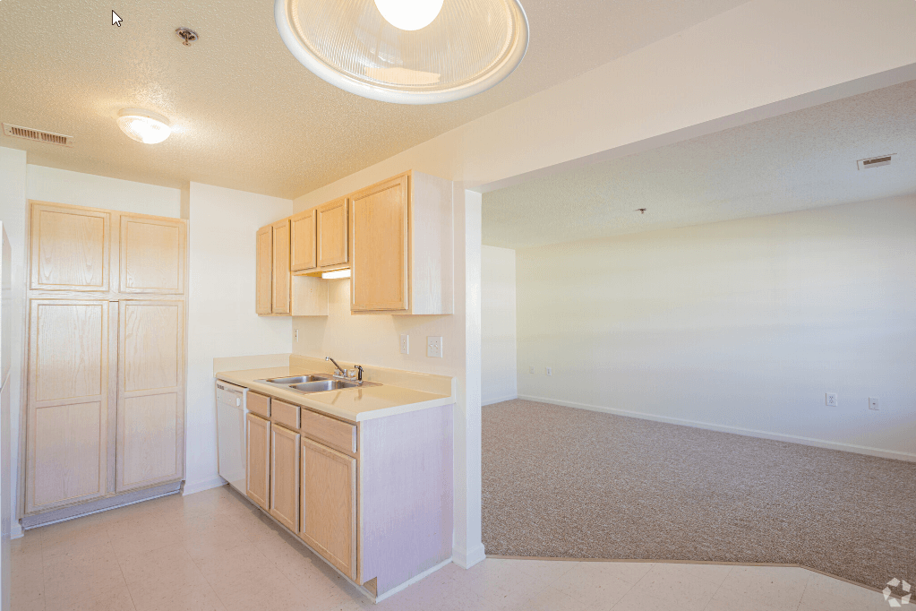 an empty kitchen and living room with a sink and cabinets