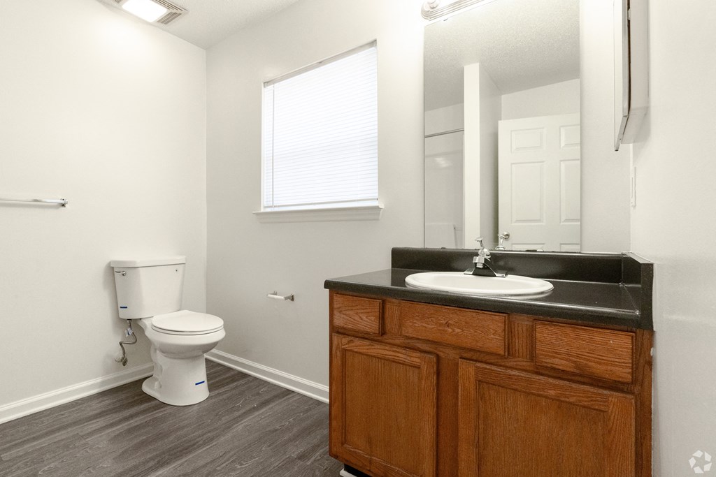 an empty bathroom with a sink toilet and mirror at Pendleton Townhomes Apartments, Durham, NC, 27703