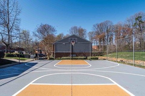A basketball court with a basketball hoop and a basketball court building in the background.