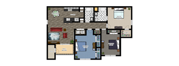 A floor plan of a house with a dining room, kitchen, living room, and multiple bedrooms.