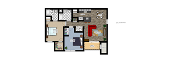 A floor plan of a house with a master bedroom, living room, and kitchen.