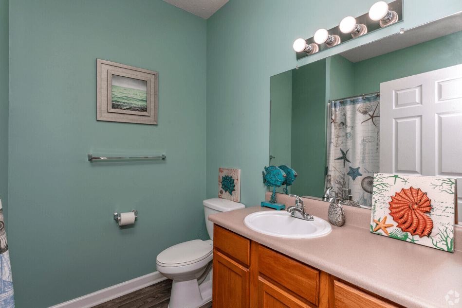 a bathroom with a sink toilet and a mirror