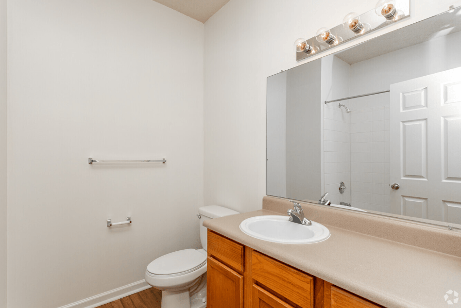 a bathroom with a sink toilet and a mirror