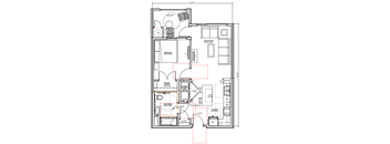 A floor plan of a house with a living room, dining room, kitchen, and bathrooms.