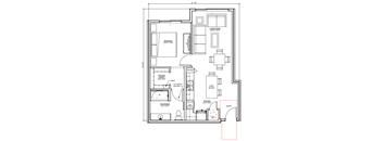 A floor plan of a house with a living room, bedroom, bathroom, and kitchen.