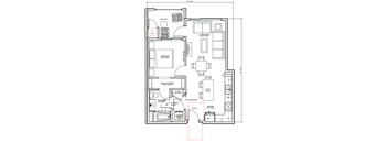 A floor plan of a house with a living room, dining room, kitchen, and bathroom.