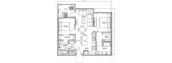 A floor plan of a house with a living room, two bedrooms, a bathroom, a pantry, a kitchen, and a balcony.