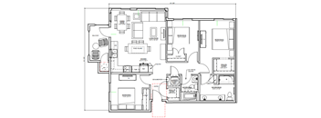 A floor plan of a house with a kitchen, living room, and two bedrooms.