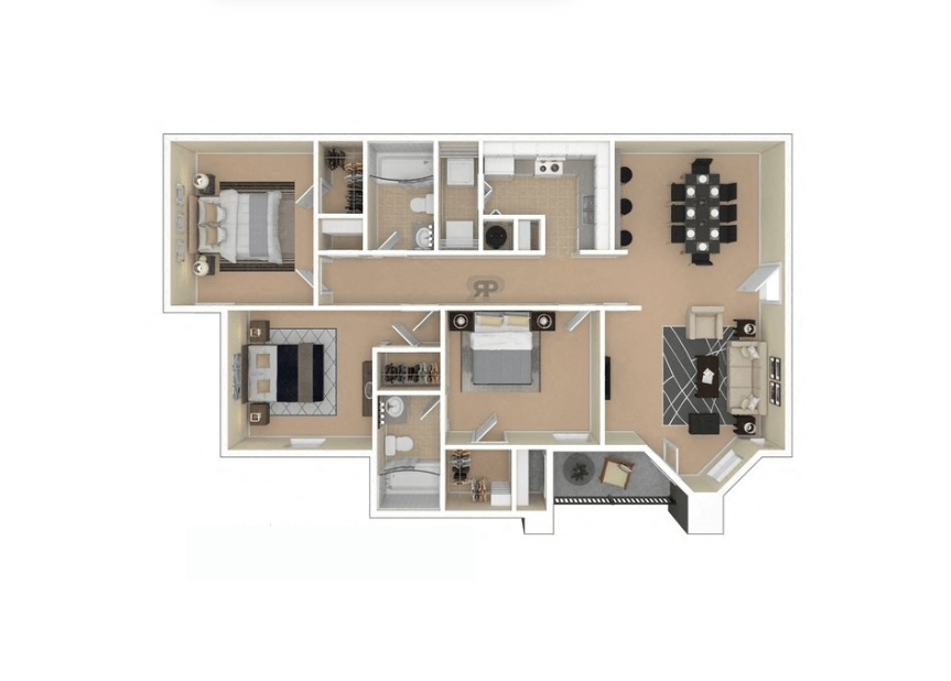 A floor plan of a house with a kitchen, living room, and two bedrooms.