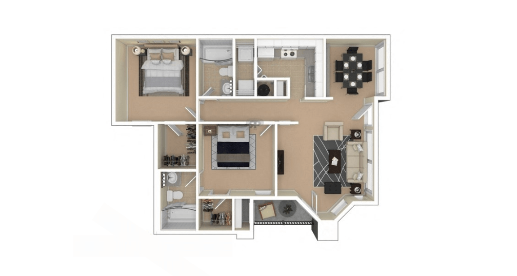 A floor plan of a house with a kitchen, living room, and two bedrooms.
