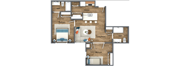 A floor plan of a house with a living room, kitchen, and two bedrooms.