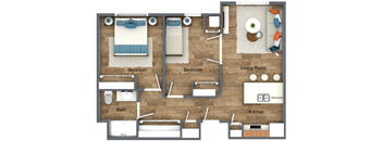 A floor plan of a house showing a living room, kitchen, two bedrooms, a bathroom, and a dishwasher.