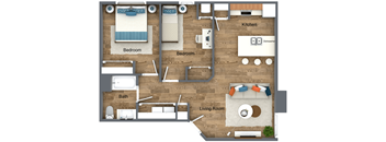 A floor plan of a house with a living room, two bedrooms, a kitchen, and a bathroom.
