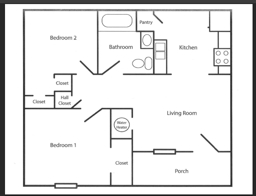A black and white floor plan of a house with two bedrooms, a pantry, a bathroom, a kitchen, a living room, a porch, and a water heater.