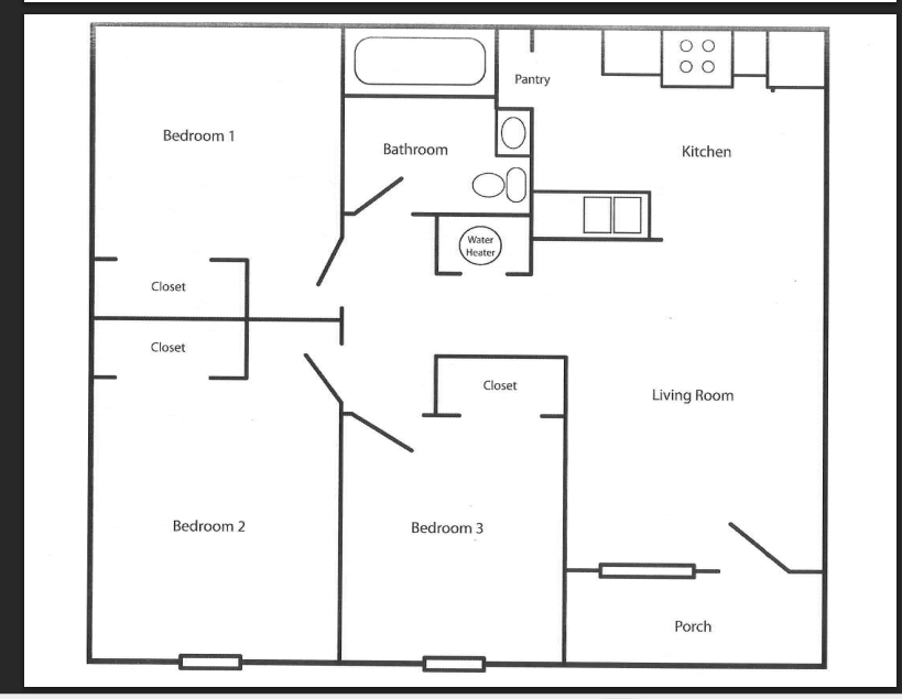 A floor plan of a house with three bedrooms, a living room, kitchen, bathroom, pantry, closets, and a porch.