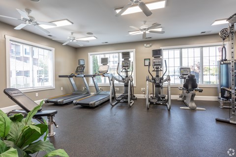 A spacious gym with treadmills, elliptical machines, and other exercise equipment.