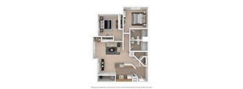 A floor plan of a house with a living room, kitchen, and bathrooms.
