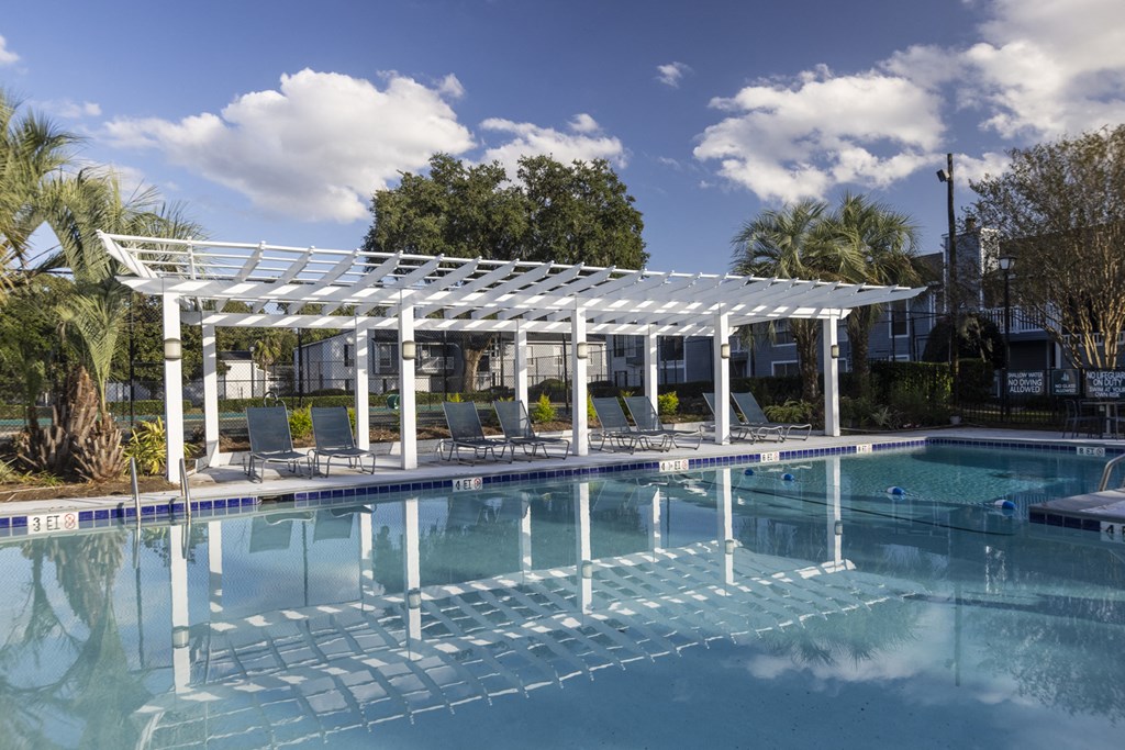 Pergola over a swimming pool at Dwell at Greenridge, North Charleston, SC, South Carolina, 29406