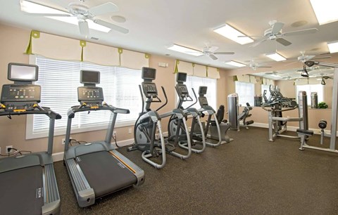 A gym with treadmills, elliptical machines, and other exercise equipment.