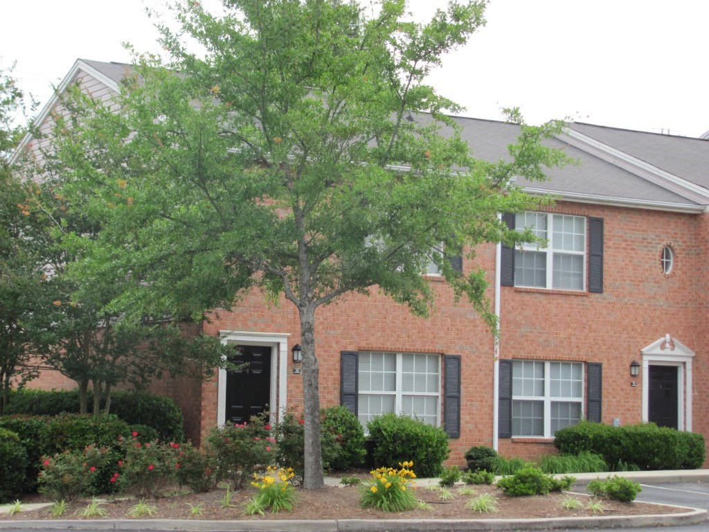 the front of a brick house with a tree in the yard